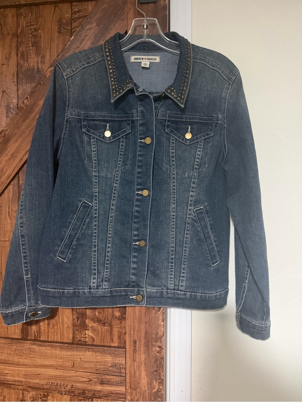 Andrew Charles Women's Denim Jacket with Studded Collar and Eagle design Large